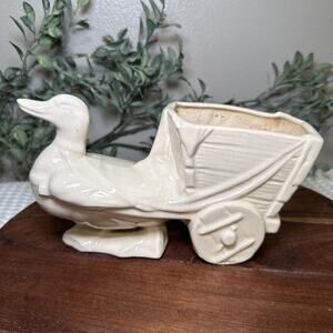 USA Pottery Duck Planter Wagon Cart Cream Glaze M-7 Crazing Farmhouse Vintage